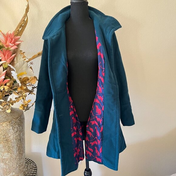 Modcloth Teal Overcoat With Vibrant Pink & Purple Cat Print Lining Size M - Picture 2 of 12